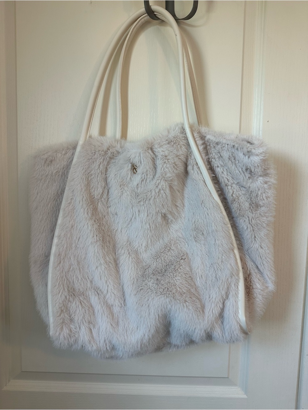 Victoria's Secret Faux Fur Tote in Light Gray with Cream Handles